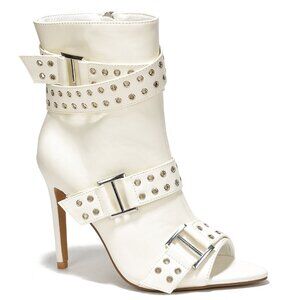Slay Belt Strap Open Toe Ankle Boots Sexy Stiletto Heels White Vegan Leather